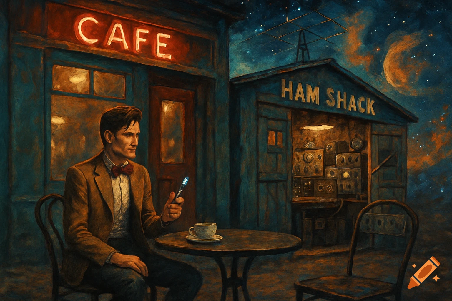 Painterly image of a man sitting outside a cafe and ham shack under a starry sky.