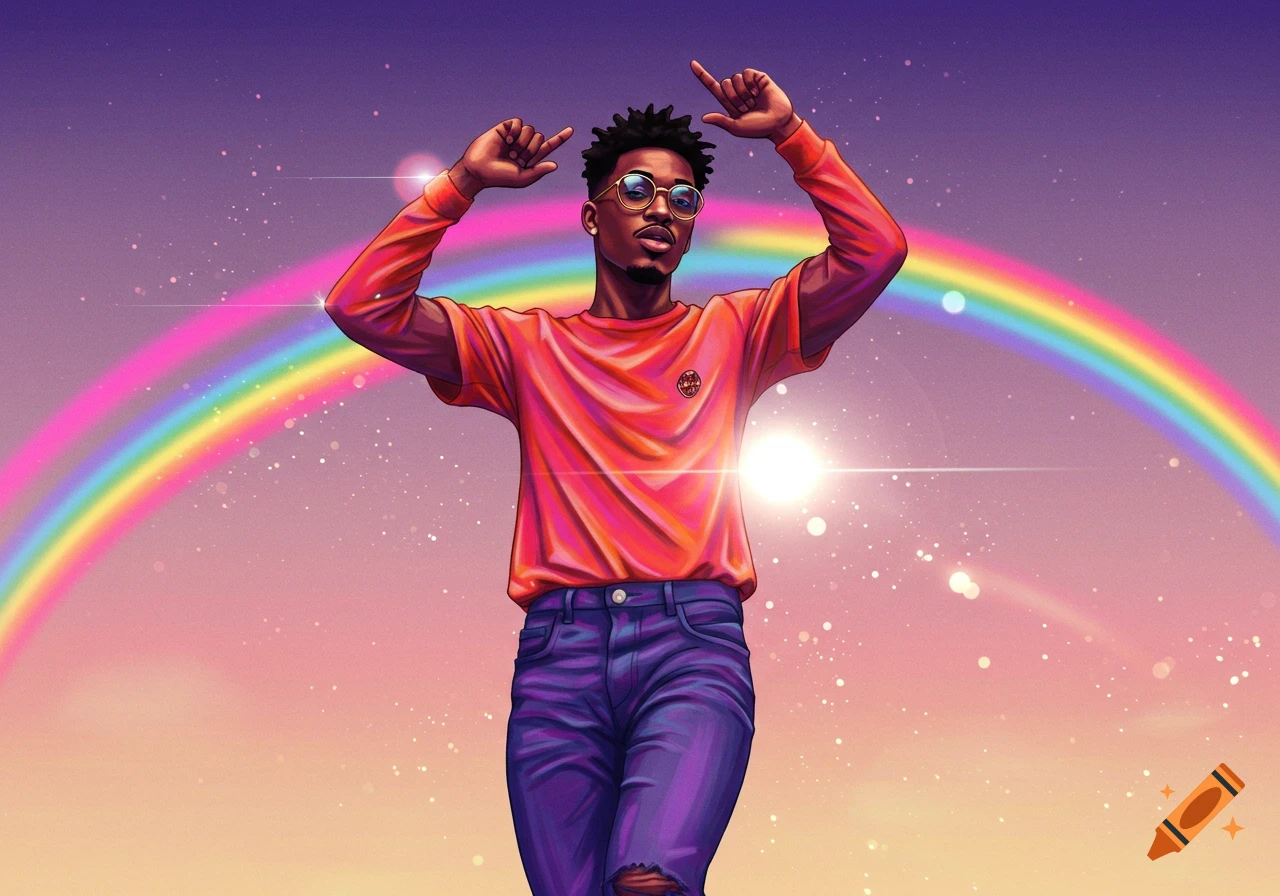 Illustration of a man posing under a vibrant rainbow in a starry, colorful sky.