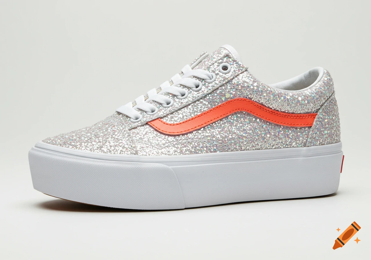 A white platform sneaker covered in shimmery glitter, with a bright orange stripe on the side.