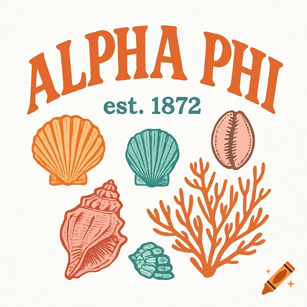Vintage style illustration with text "ALPHA PHI est. 1872", surrounded by illustrations of various sea shells and orange coral on a white background.