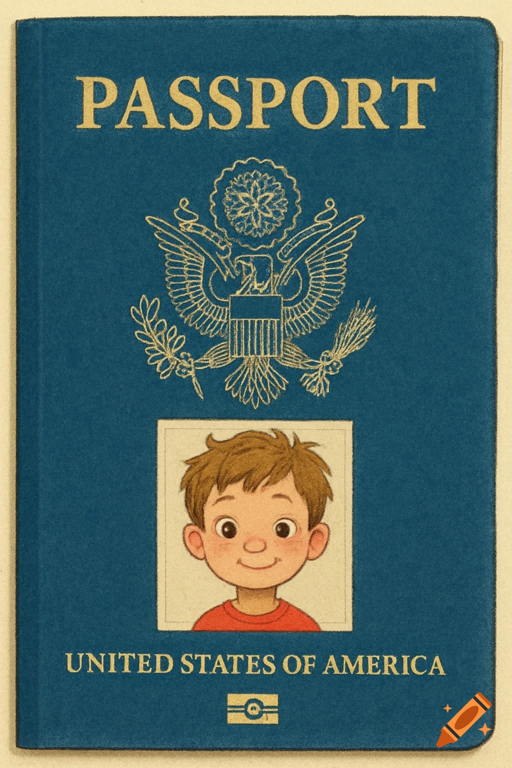 Illustration of a blue American passport with a cartoon drawing of a boy.