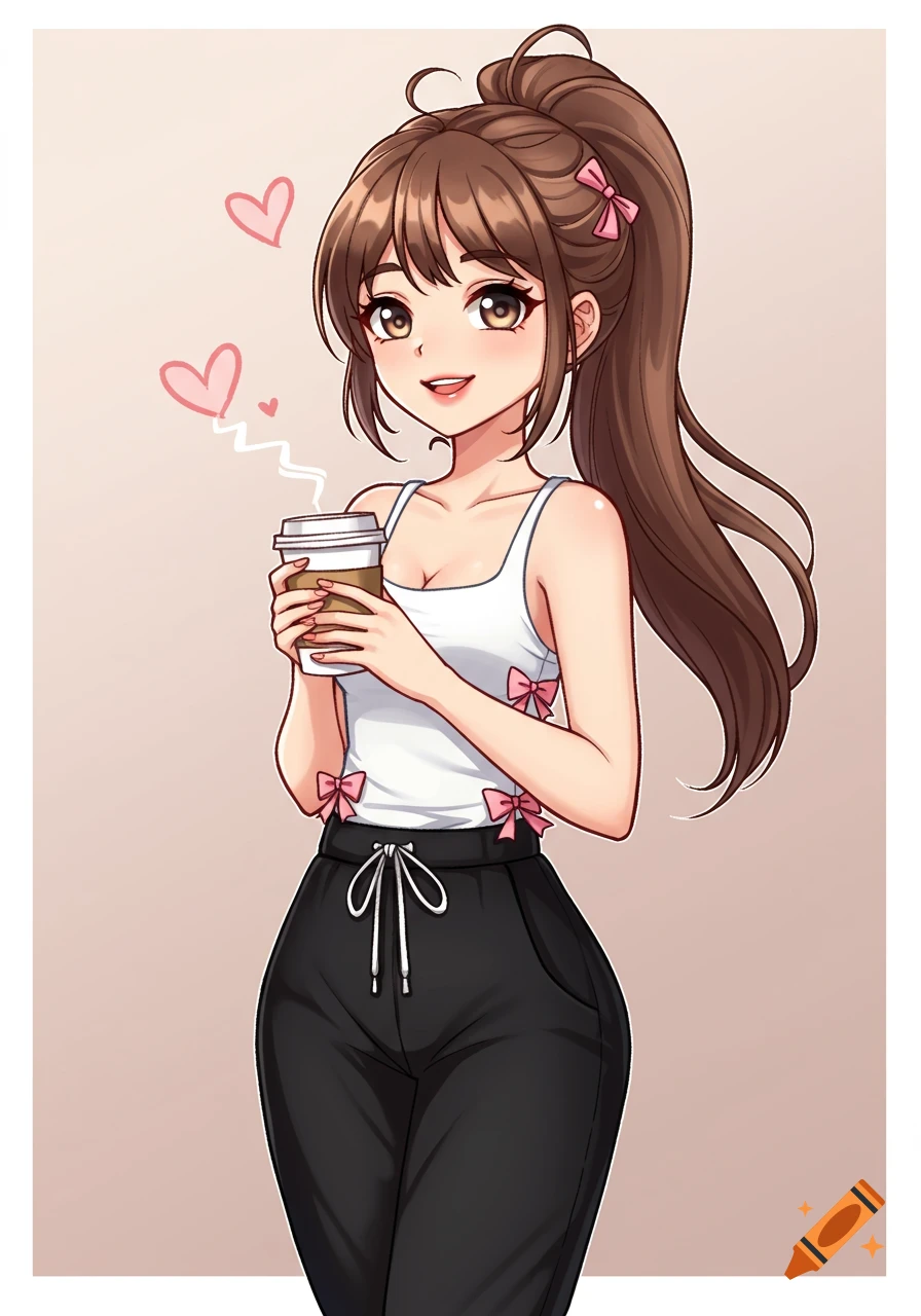 An anime girl with brown hair in a ponytail holds a coffee cup.