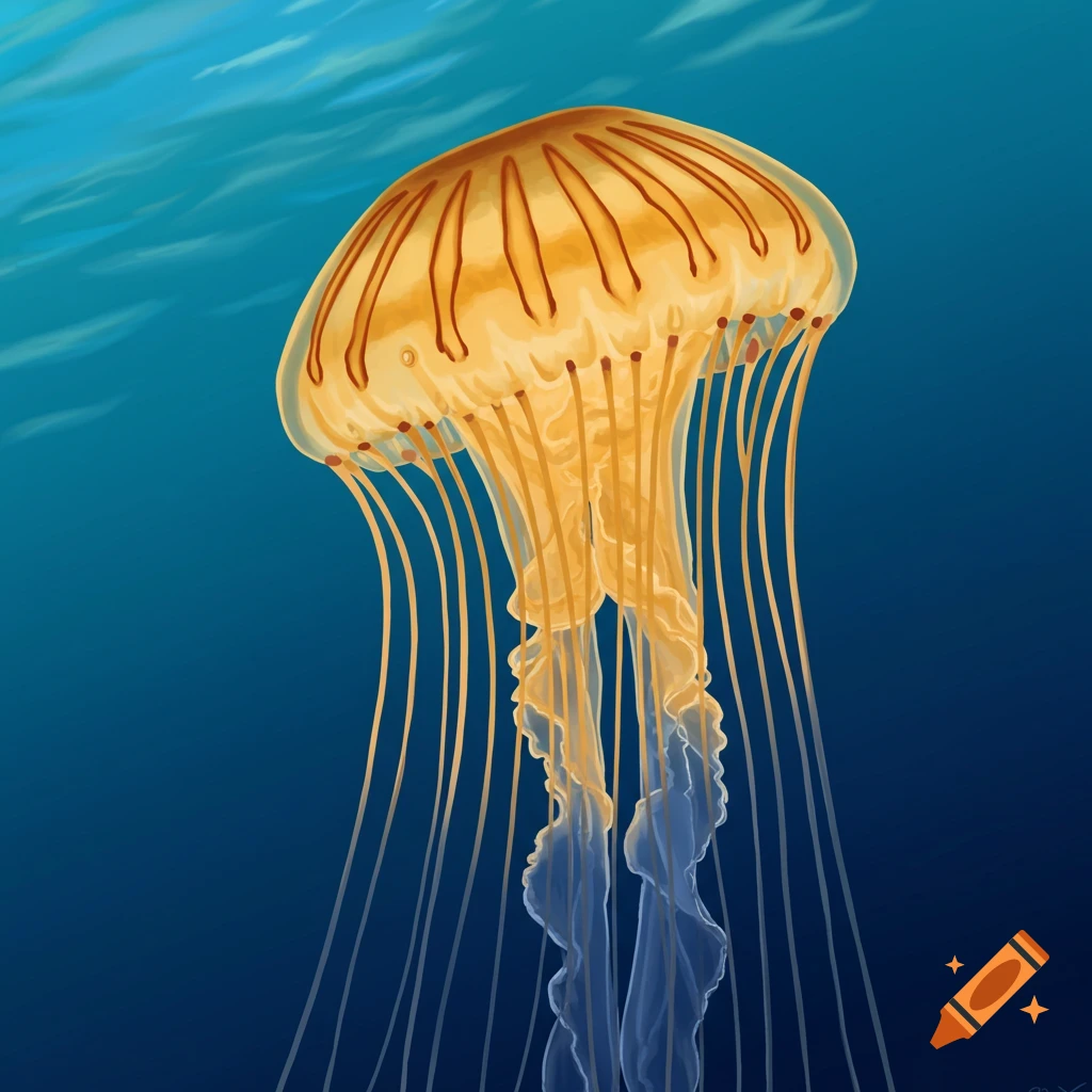 Illustration of an orange jellyfish swimming in blue water.