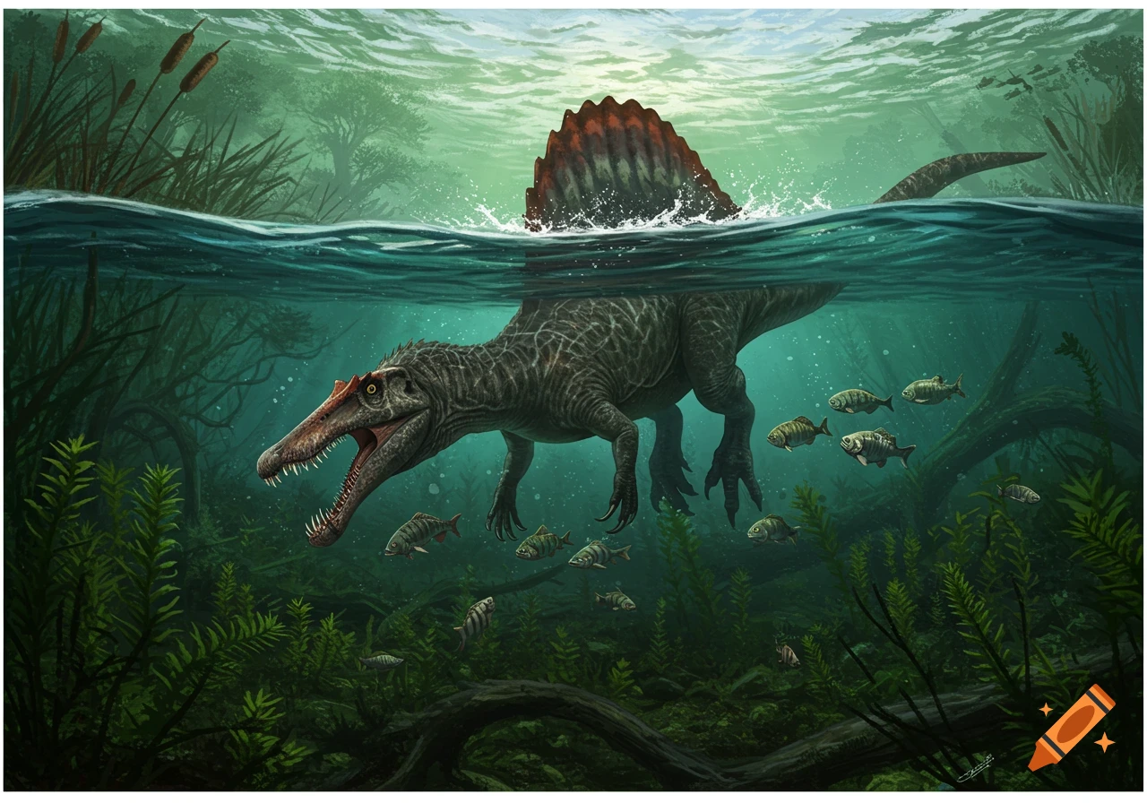 A Spinosaurus hunts fish underwater in a murky, prehistoric river.