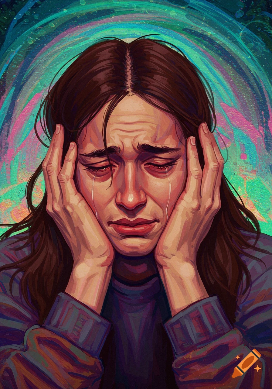 Painterly portrait of a woman crying, holding her head with her hands against a colorful, swirling background.