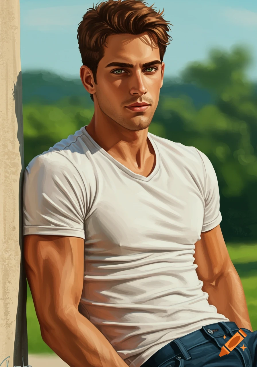 Stylized portrait of a young man with brown hair and green eyes leaning against a pillar outdoors.