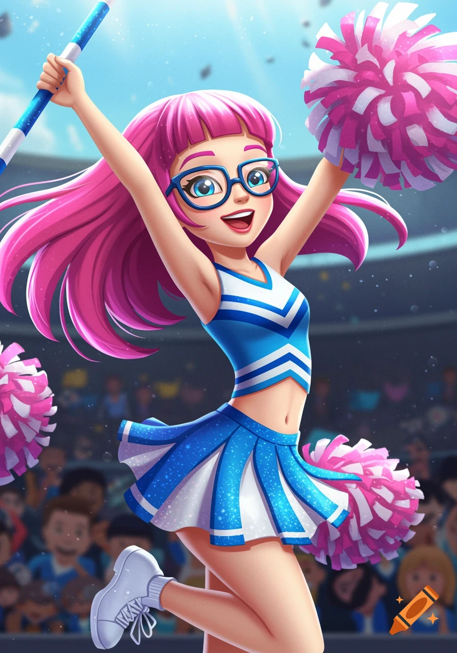 Cartoon cheerleader with pink hair, glasses, and pom-poms jumps in a stadium.
