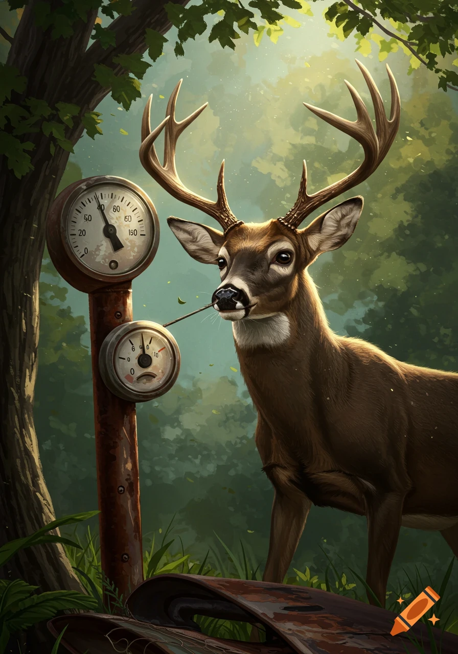 An illustrative image of a buck pulling on a rusty pole with gauges attached, in a sunlit forest.