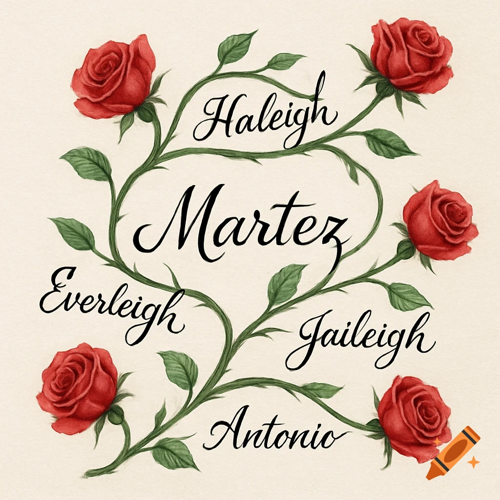 Botanical drawing of a rose vine with red roses and names in cursive