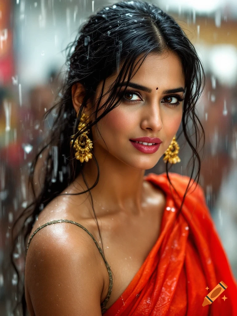 Close-up portrait of a woman in a red saree in the rain