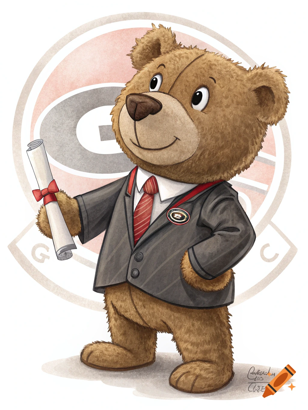 Cartoon teddy bear in a suit holding a diploma with a university logo background.