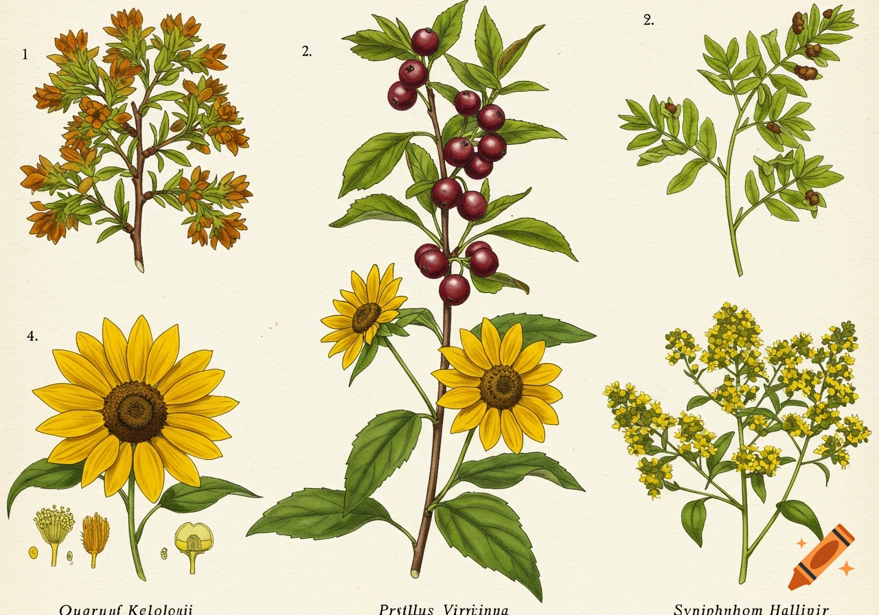 Vintage style botanical illustrations of multiple plants