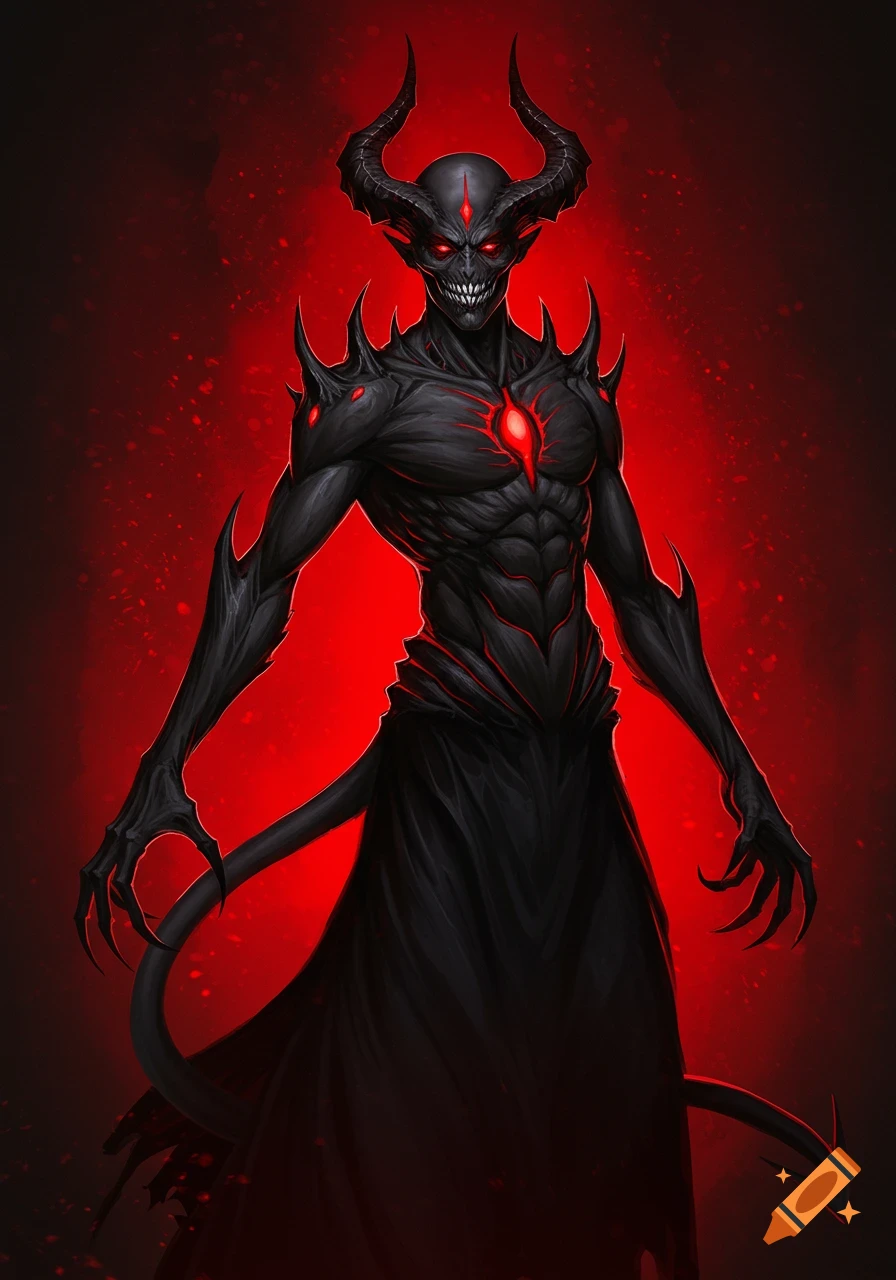 A black demon with horns, sharp teeth, and red accents stands in a red ...