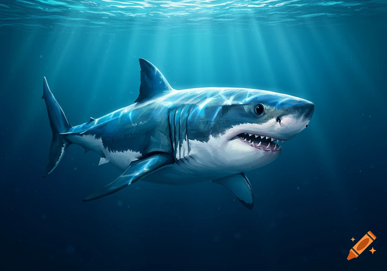 A realistic illustration of a great white shark swimming underwater, with sunbeams filtering from the surface.