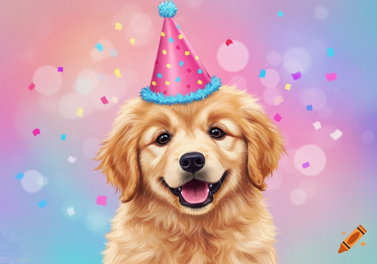 A golden retriever puppy wearing a pink party hat smiles at the viewer, with confetti falling on a pink and purple background. Digital illustration.