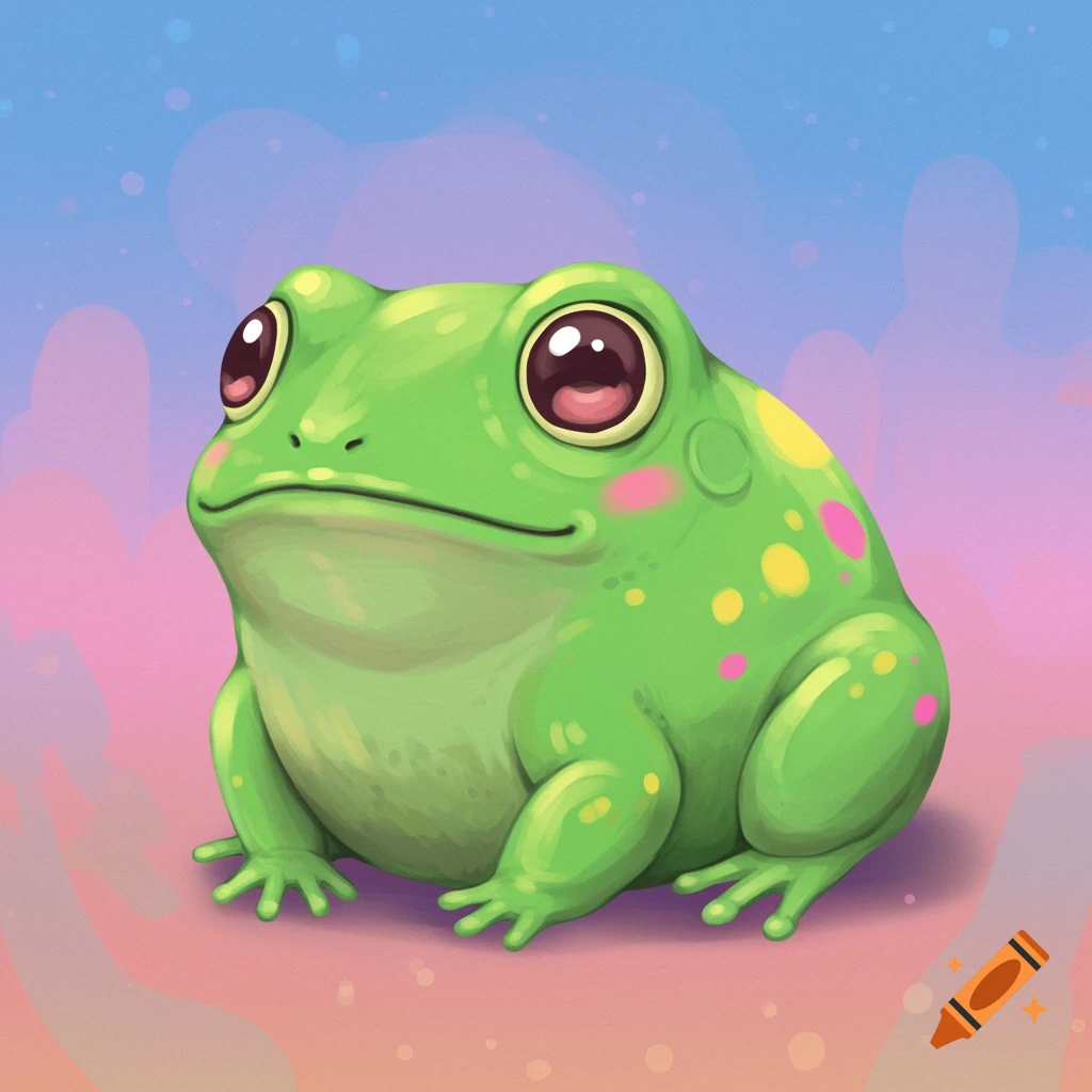 A cartoon illustration of a green frog with big eyes and pink and yellow spots.