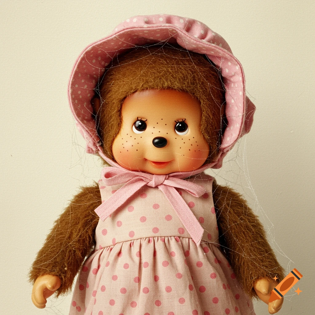 An old monkey doll in a pink polka dot dress and bonnet covered in cobwebs