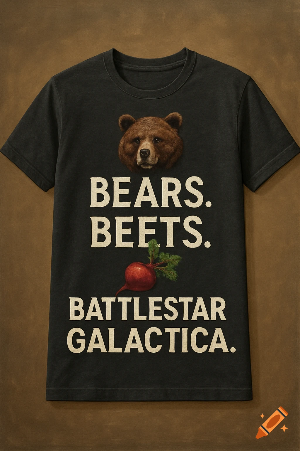 A dark t-shirt mockup with a bear head, a beet, and the quote "Bears. Beets. Battlestar Galactica.".