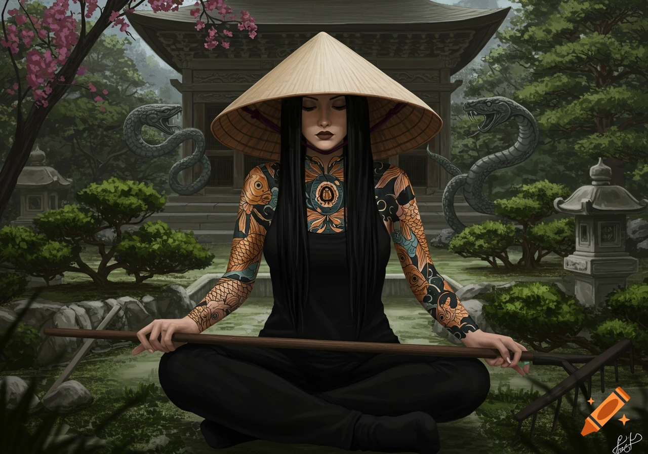 Woman in conical hat with fish tattoos sits cross-legged in Japanese garden with rake, temple, and snake carvings.