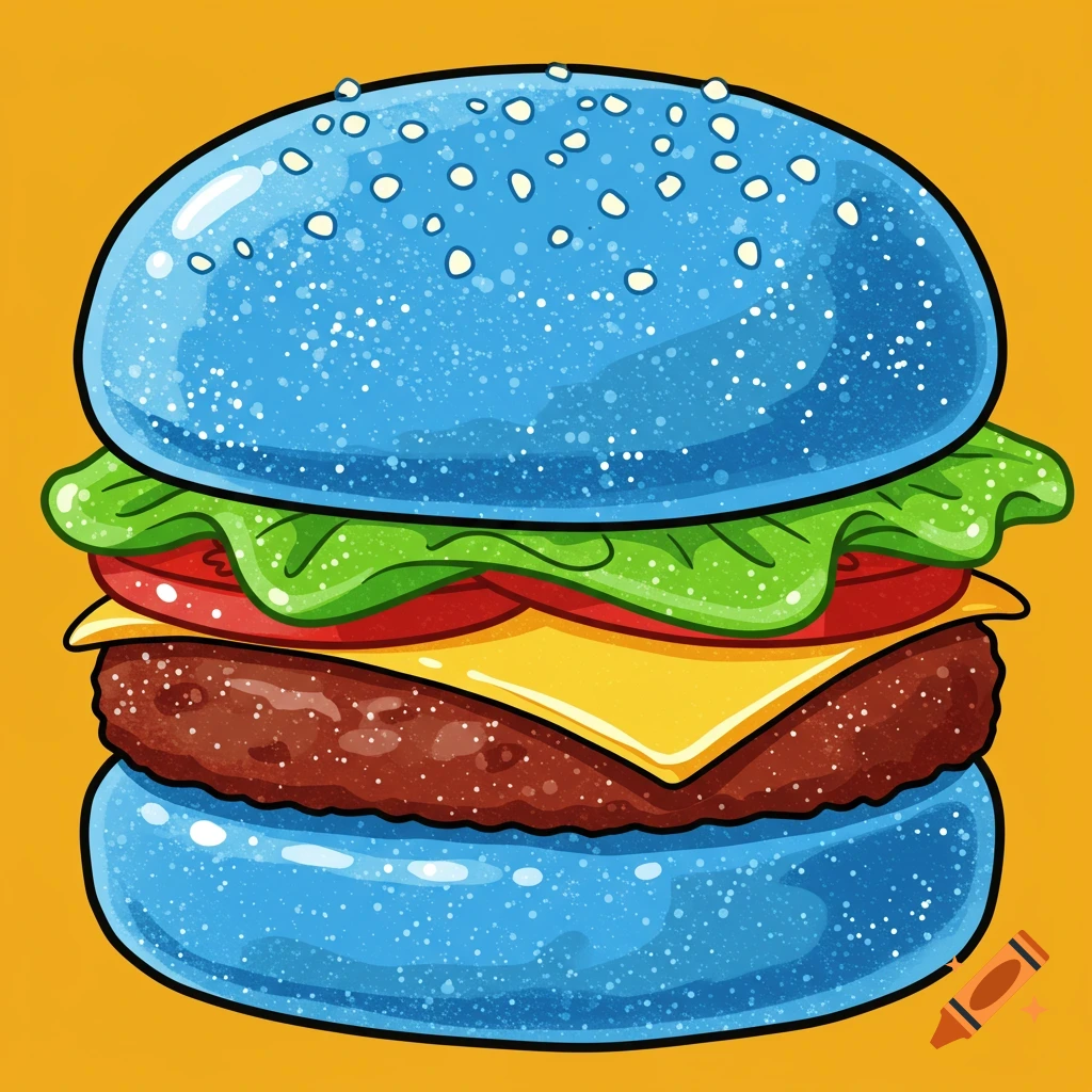 A vibrant cartoon illustration of a burger with blue buns, lettuce, tomato, cheese, and a patty on an orange background.