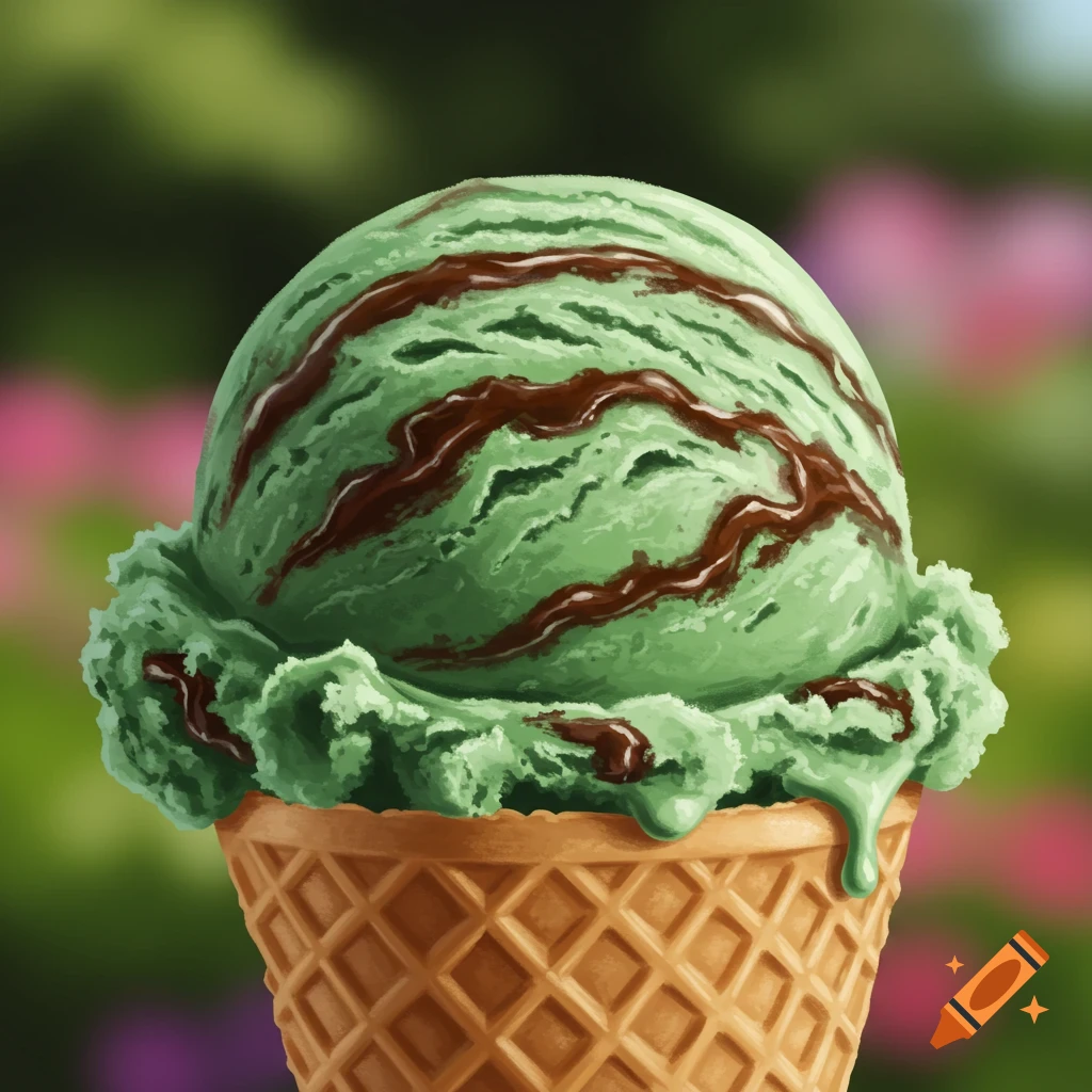 A scoop of mint ice cream with chocolate syrup on a waffle cone.