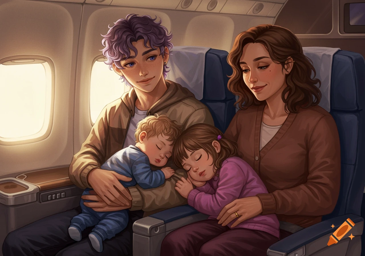 An illustration of a family sleeping peacefully on an airplane.