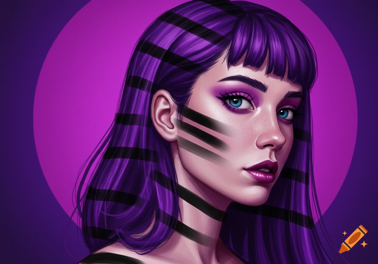 A stylized portrait of a woman with purple hair and black stripes on ...