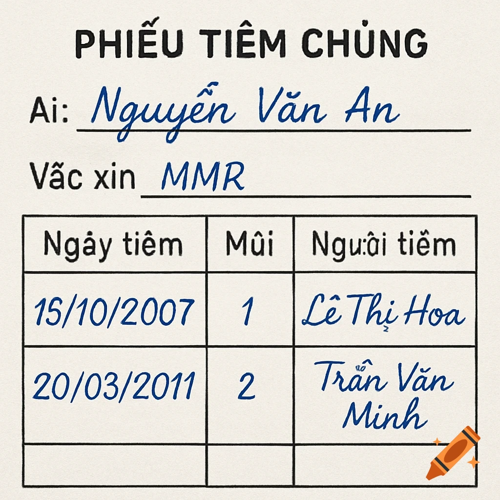 A close-up image of a Vietnamese immunization record document with handwritten names, dates, and vaccine information.