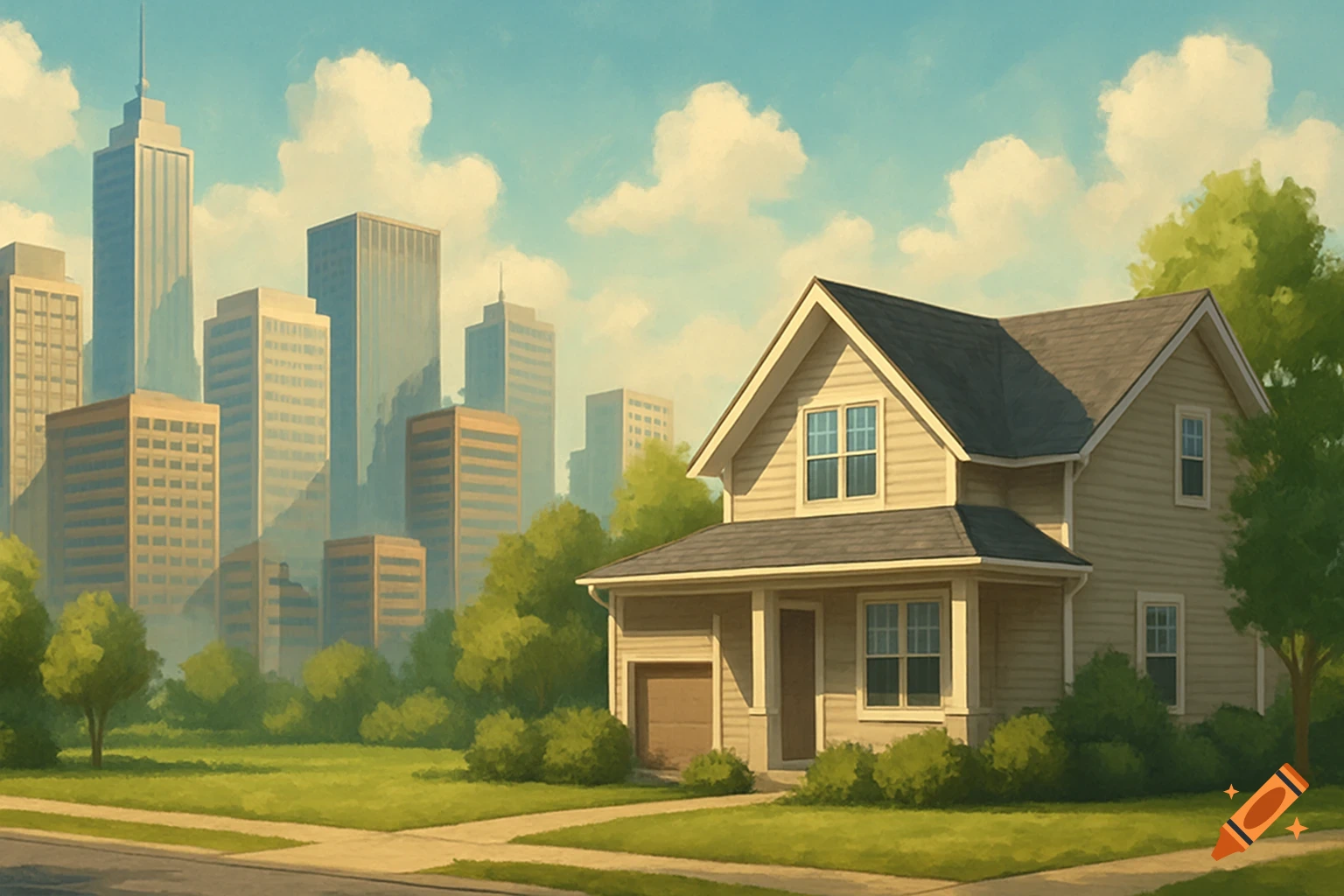 Illustration of a house with trees in front of a city skyline.