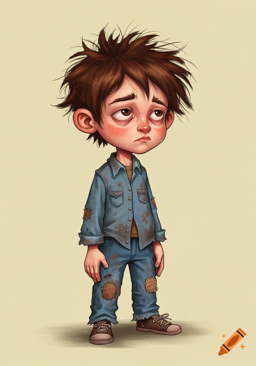 An illustration of a sad-looking cartoon boy with messy brown hair, wearing dirty, patched clothes.