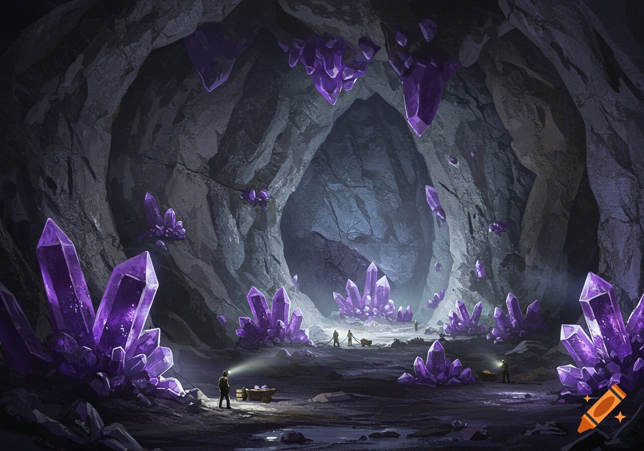 Miners exploring a dark cave filled with glowing purple amethyst crystals.
