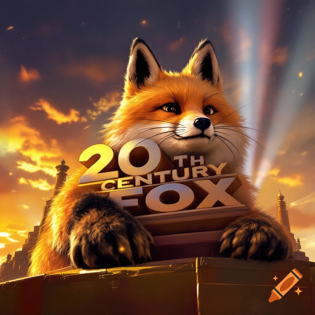 A realistic fox sits atop the golden 20th Century Fox logo structure under a dramatic sunset sky with spotlights.