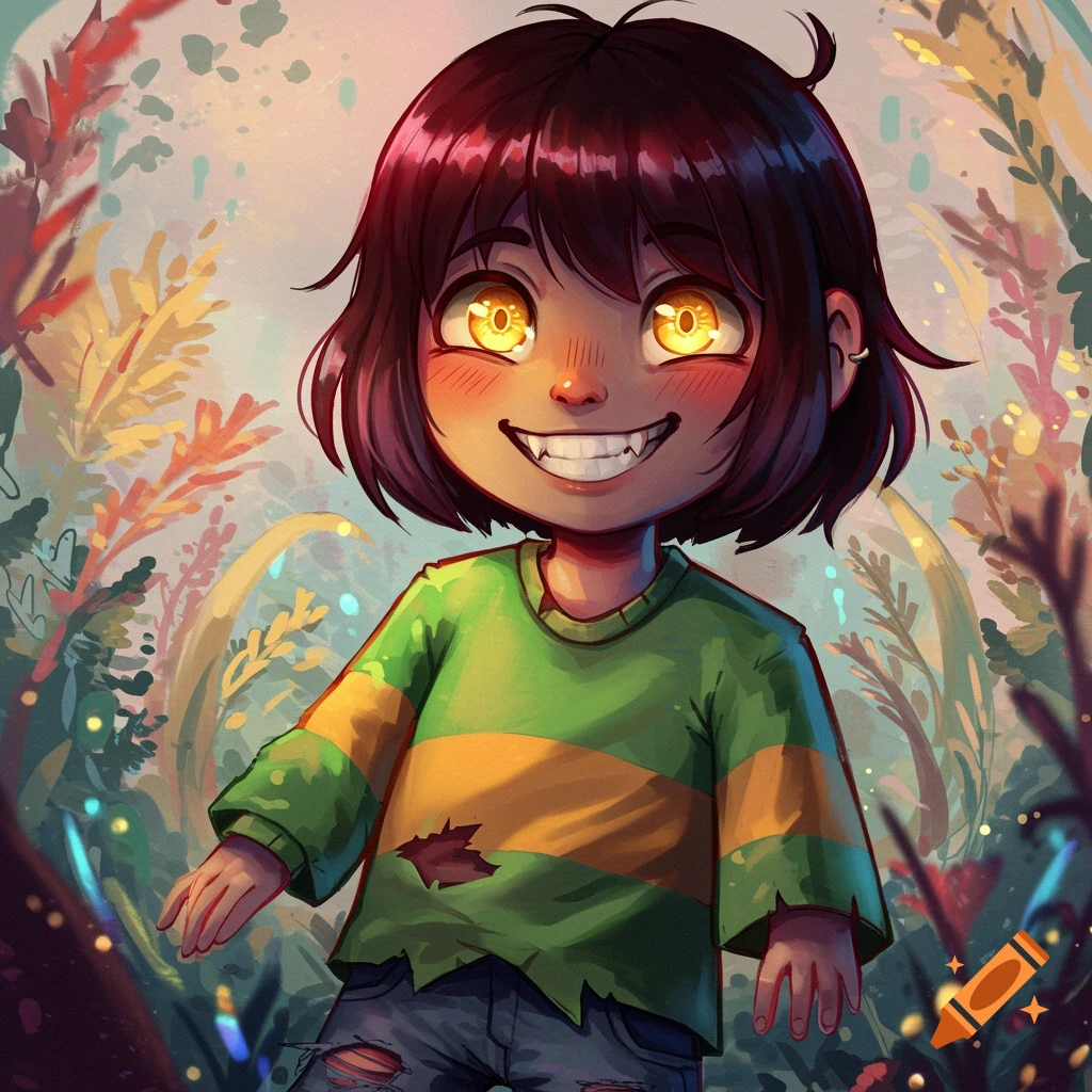 Illustration of a child with glowing yellow eyes and a sharp smile wearing a striped shirt, standing in a field of plants.