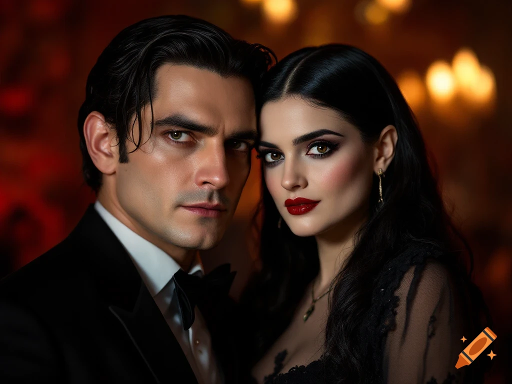 A photorealistic portrait of a man and woman dressed as Gomez and Morticia Addams.