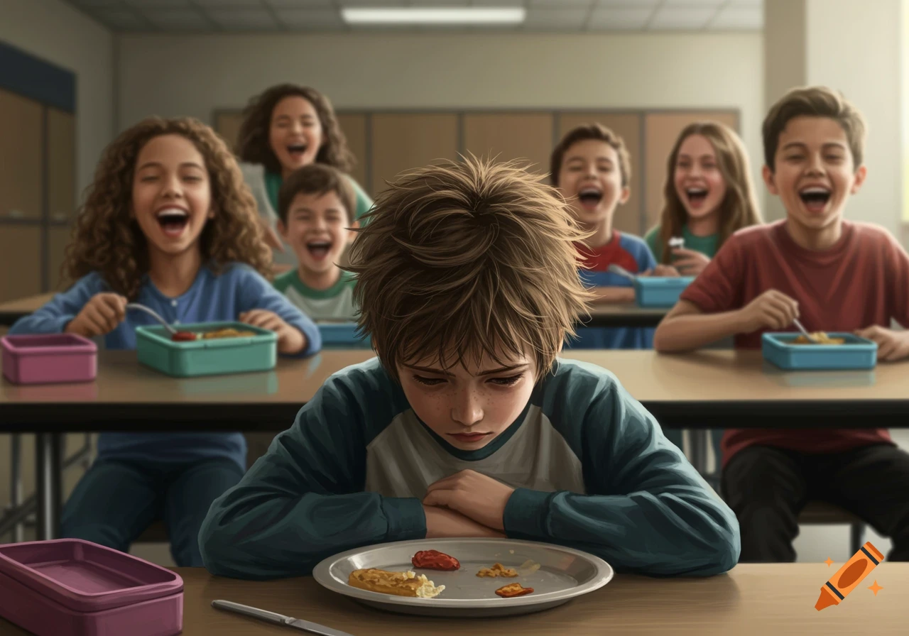 A sad boy sits at a school lunch table with his head down, surrounded by laughing classmates. Illustration.