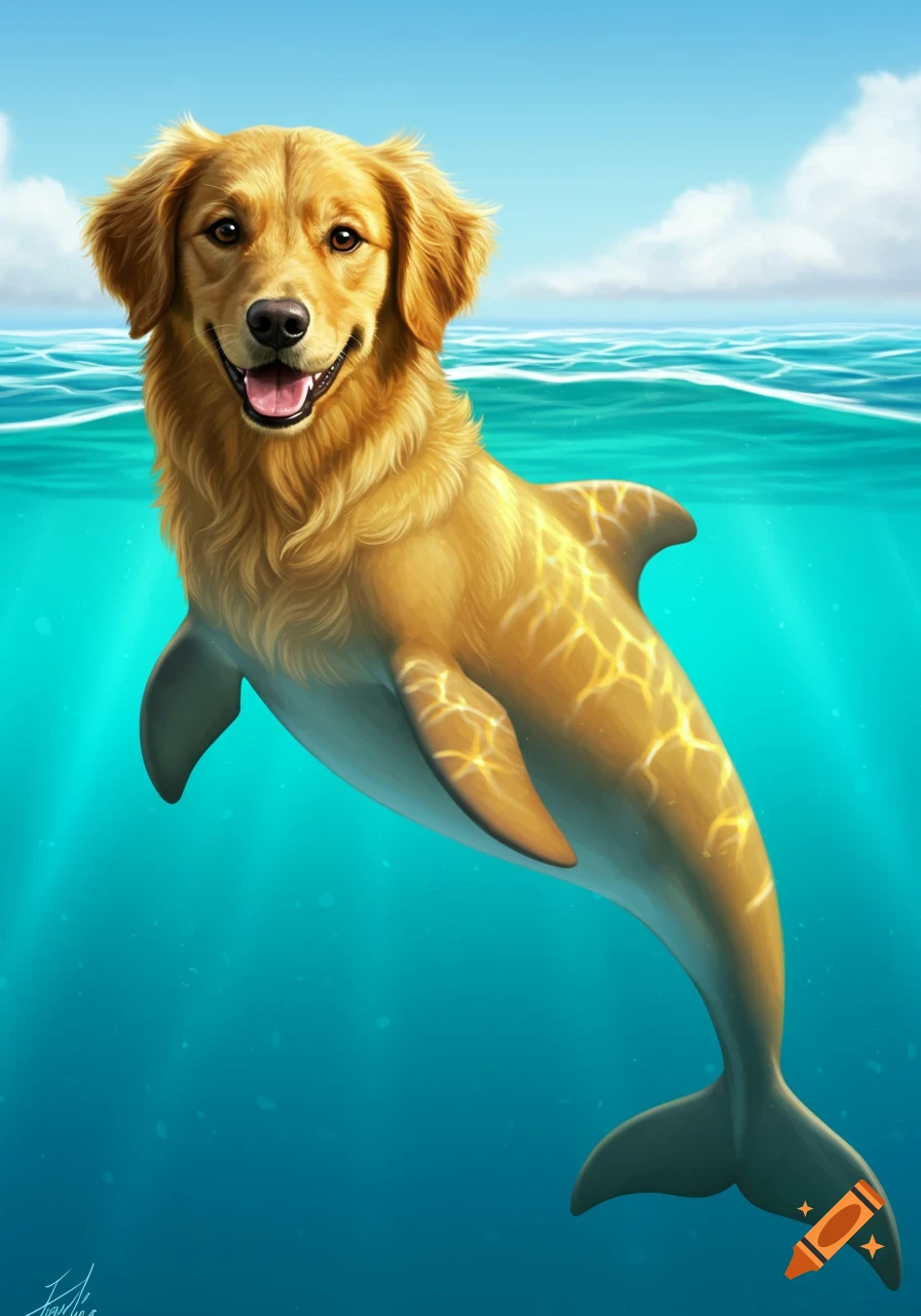 Digital illustration of a golden retriever and dolphin hybrid swimming in the ocean