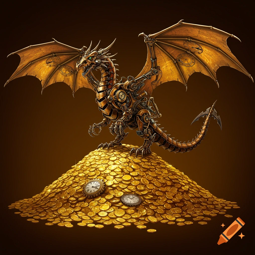 A detailed steampunk clockwork dragon sits atop a large pile of gold coins, with clock faces on its wings and in the horde.