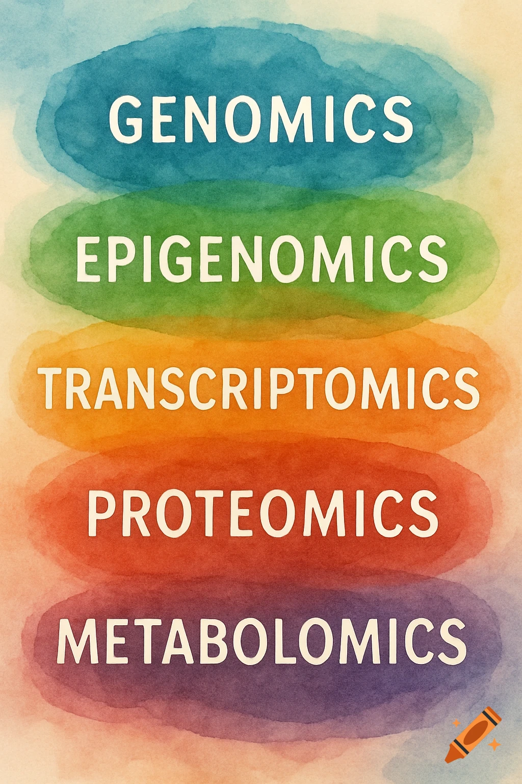 Diagram of genomics, epigenomics, transcriptomics, proteomics, and metabolomics on colored watercolor layers.