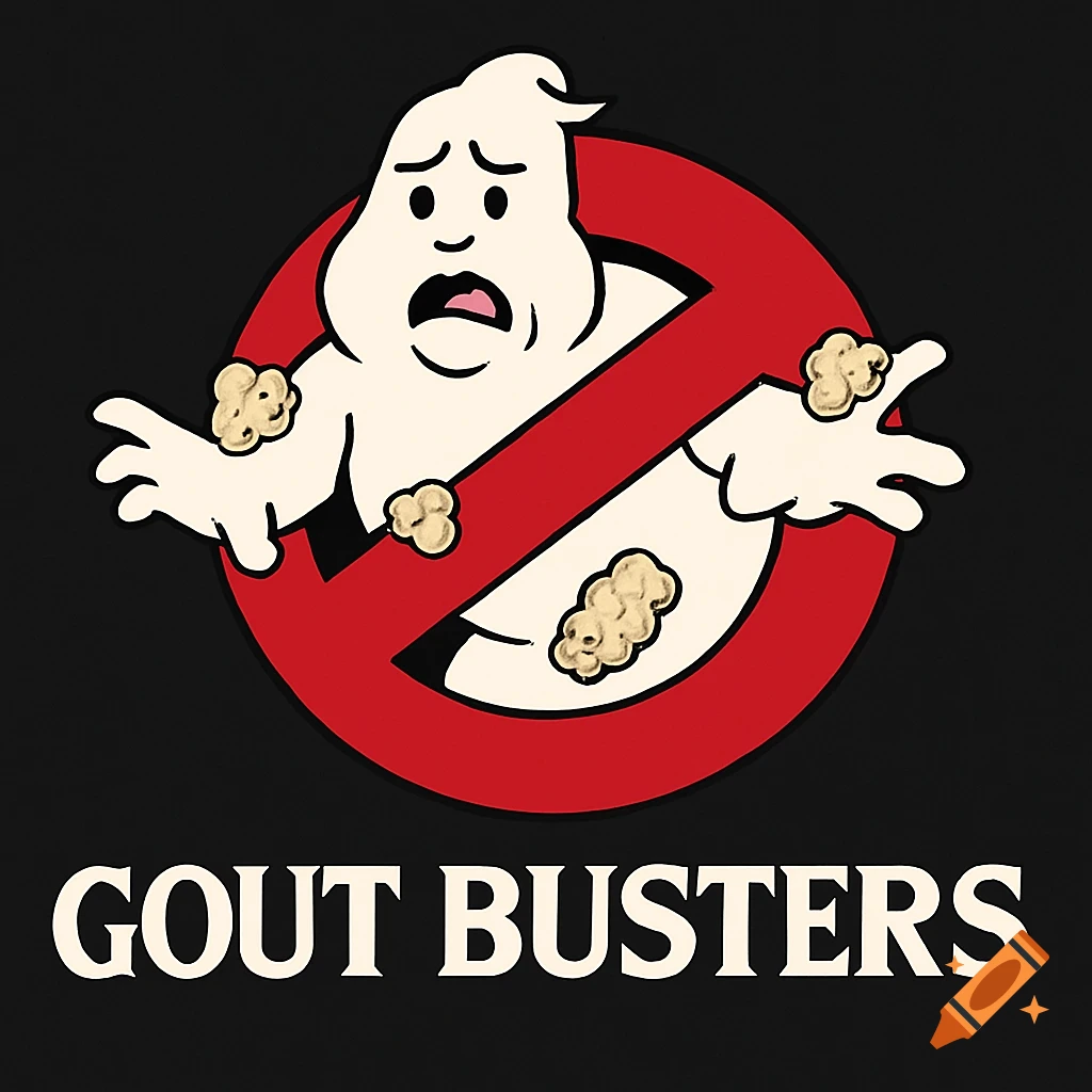A parody of the Ghostbusters logo featuring the ghost figure with yellow lumps on its body and the text 'GOUT BUSTERS' below it.