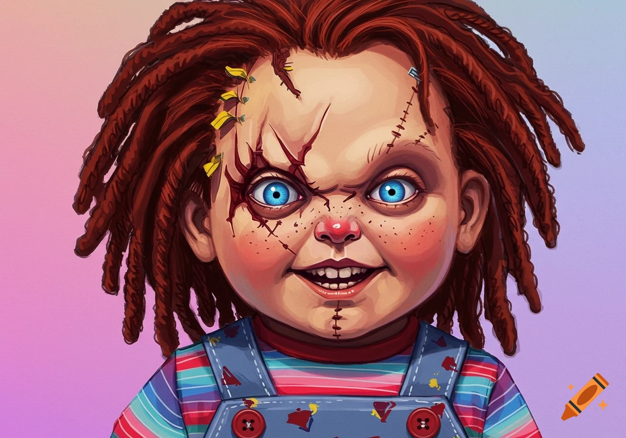Stylized close-up portrait of a scar-faced Chucky doll with dreadlocks, blue eyes, and overalls.