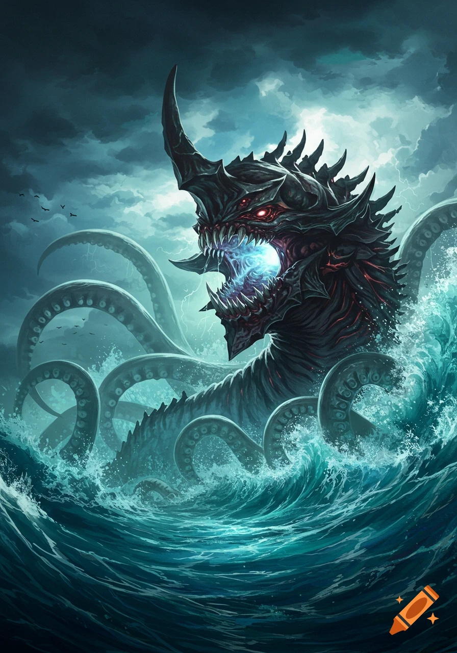 Large monstrous sea creature with tentacles emerges from stormy ocean waves.