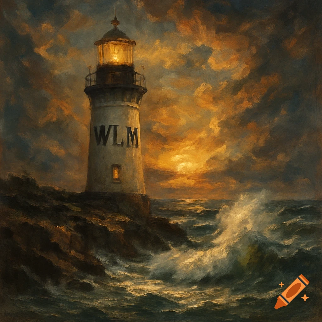 Lighthouse on a rocky shore with crashing waves at sunset, in a painting style.