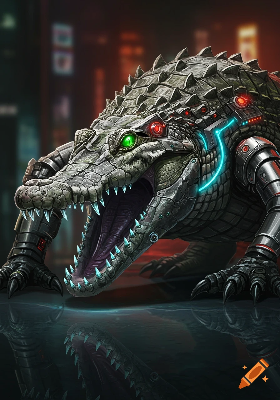 Detailed illustration of a cyborg alligator with glowing green eyes and robotic armor in a dark, reflective environment.