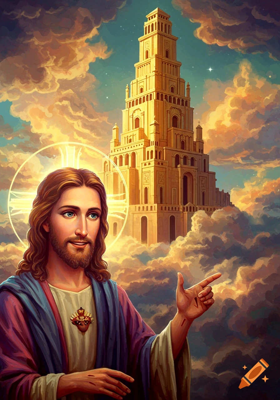 Jesus pointing towards the Tower of Babel in golden clouds, illustration.