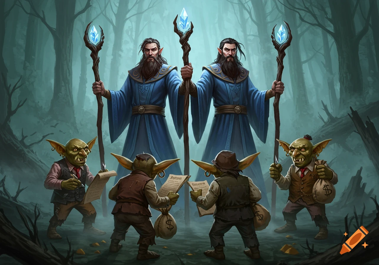 Two wizards with staves face four goblin businessmen with documents and money bags in a forest.
