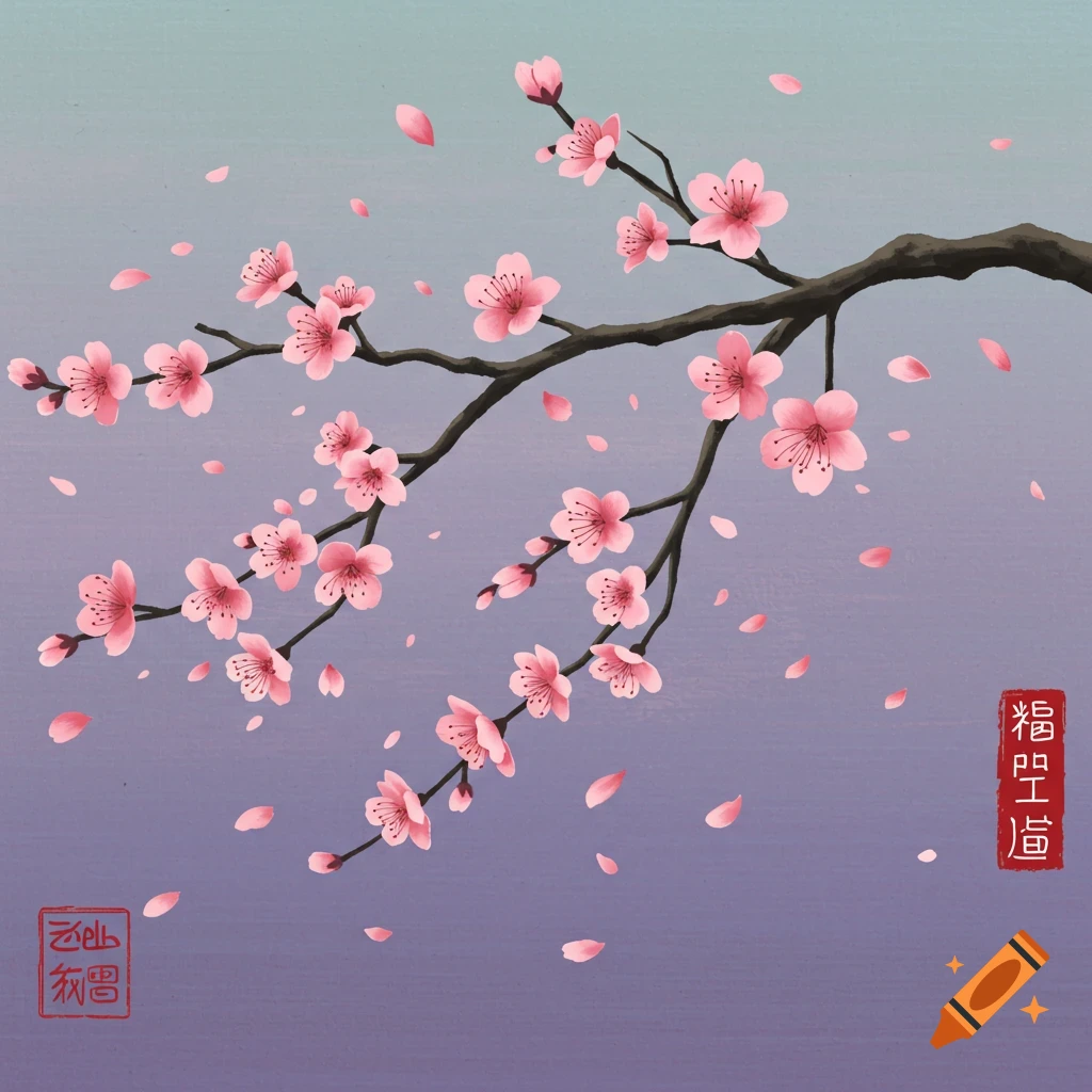 An illustration of a cherry blossom branch with pink flowers and falling petals against a gradient sky.