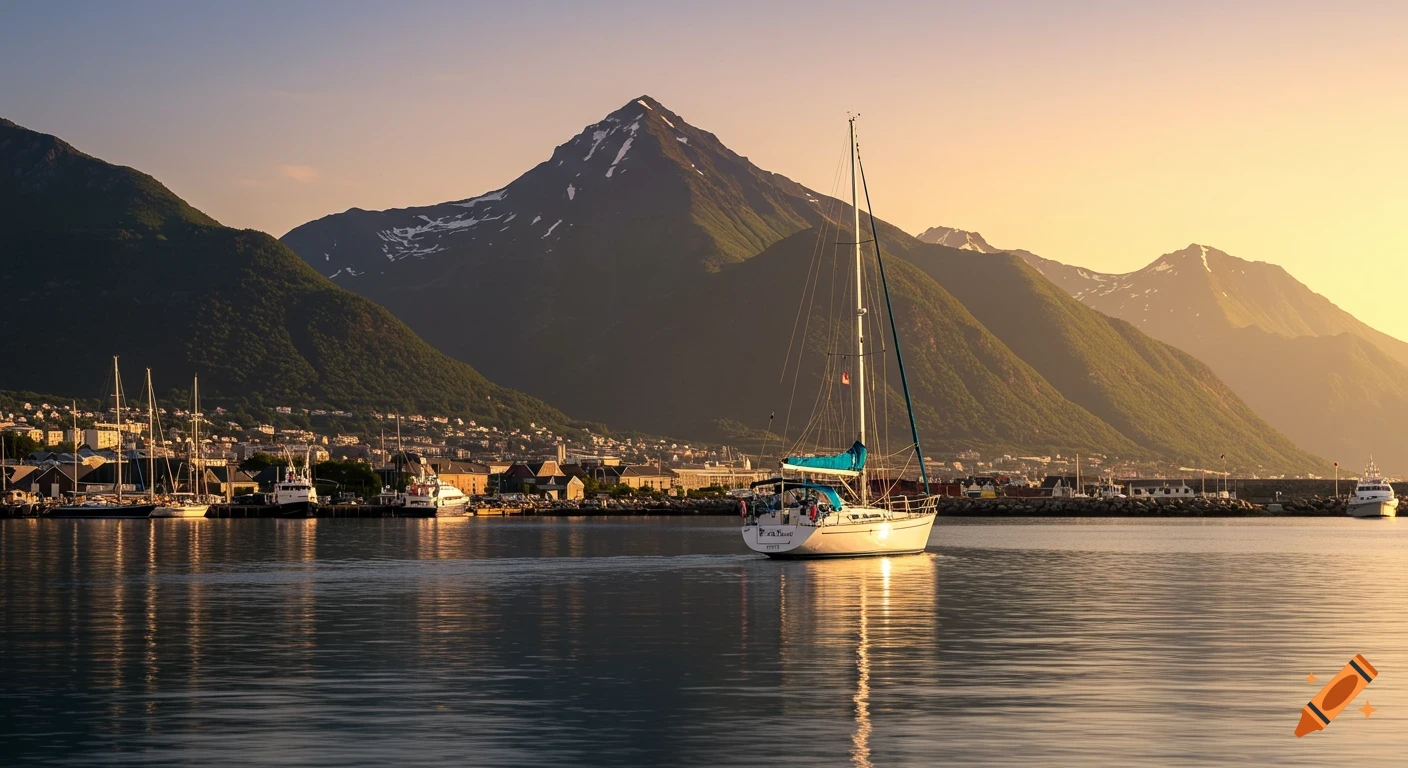 A sailboat pulls out of a harbor at sunset with mountains in the background.