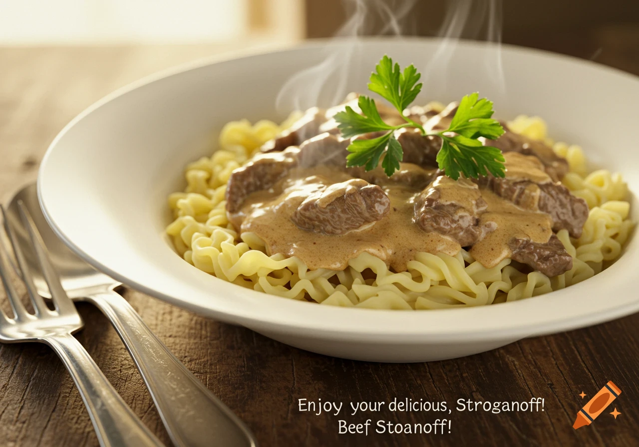 Beef stroganoff and pasta in a bowl with cutlery on a wooden table
