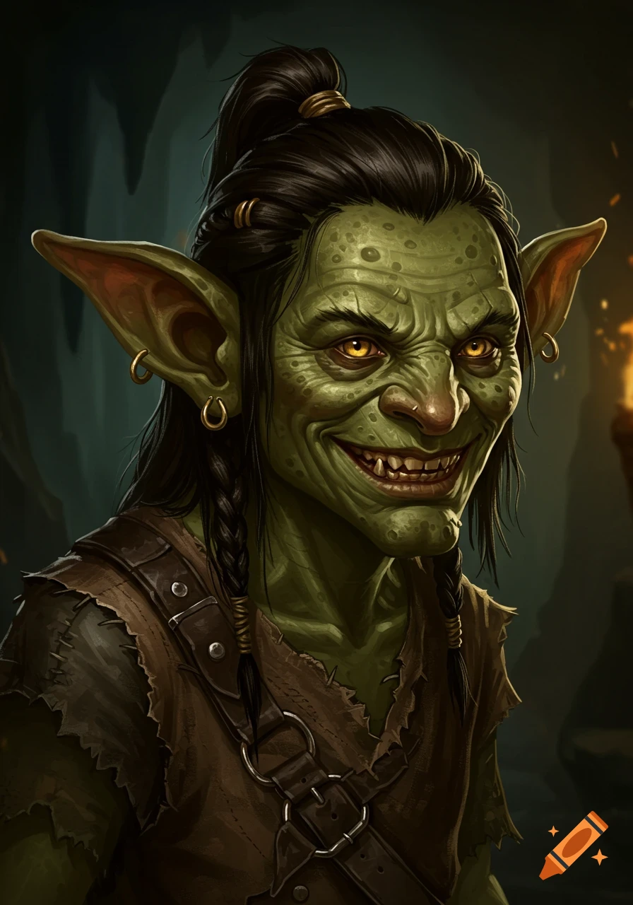 Close-up portrait of a realistic green-skinned goblin with large ears, sharp teeth, and a grinning expression.