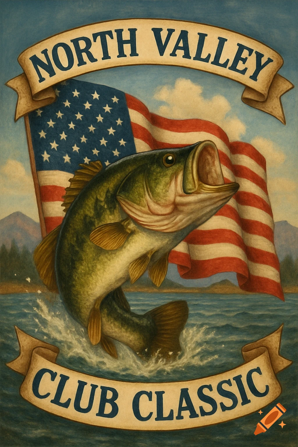 Painting of a largemouth bass jumping from water with an American flag and banners saying NORTH VALLEY and CLUB CLASSIC.